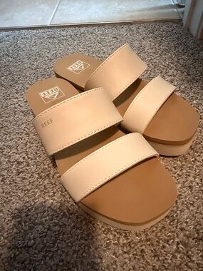 Reef Women’s Double-Strap Cream Slide Sandals with Tan Footbed